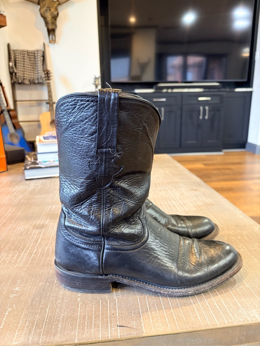 Lucchese Black Leather Roper Boots Men’s 9.5D Made in USA Western